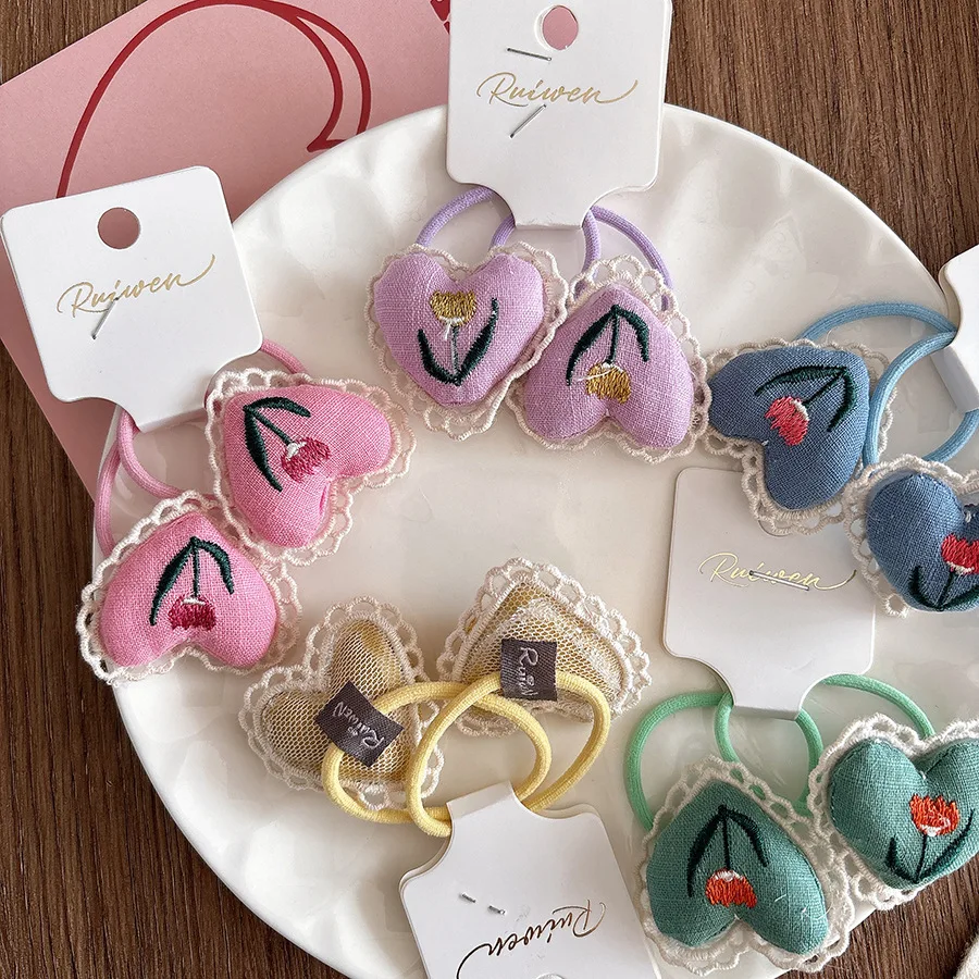 Korean Ins Style 3D Padded Lace Embroidered Heart Fabric Scrunchie High Stretch Hair Tie Women's Accessory