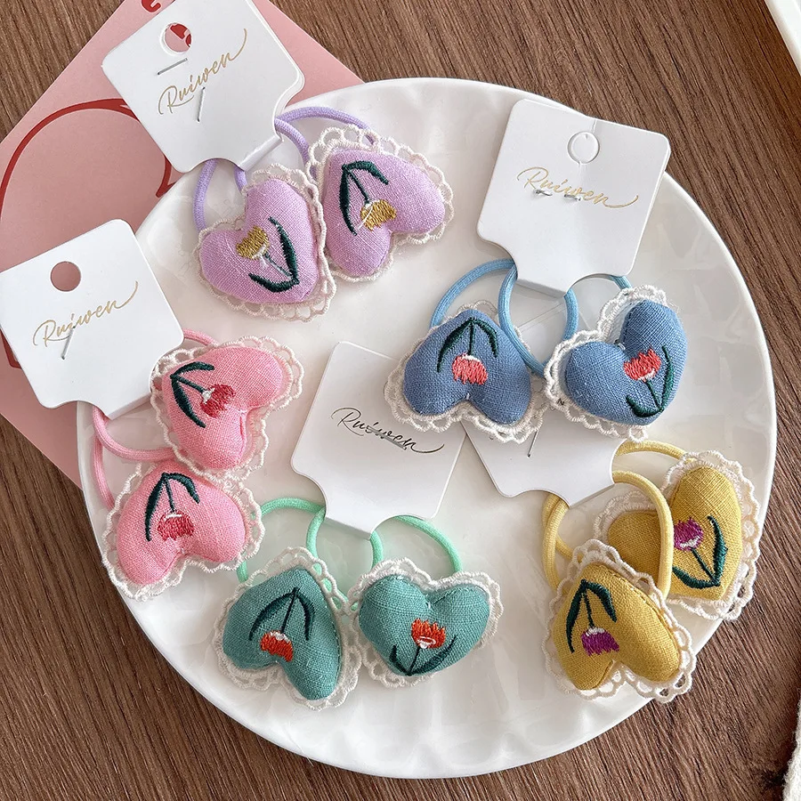 Korean Ins Style 3D Padded Lace Embroidered Heart Fabric Scrunchie High Stretch Hair Tie Women's Accessory