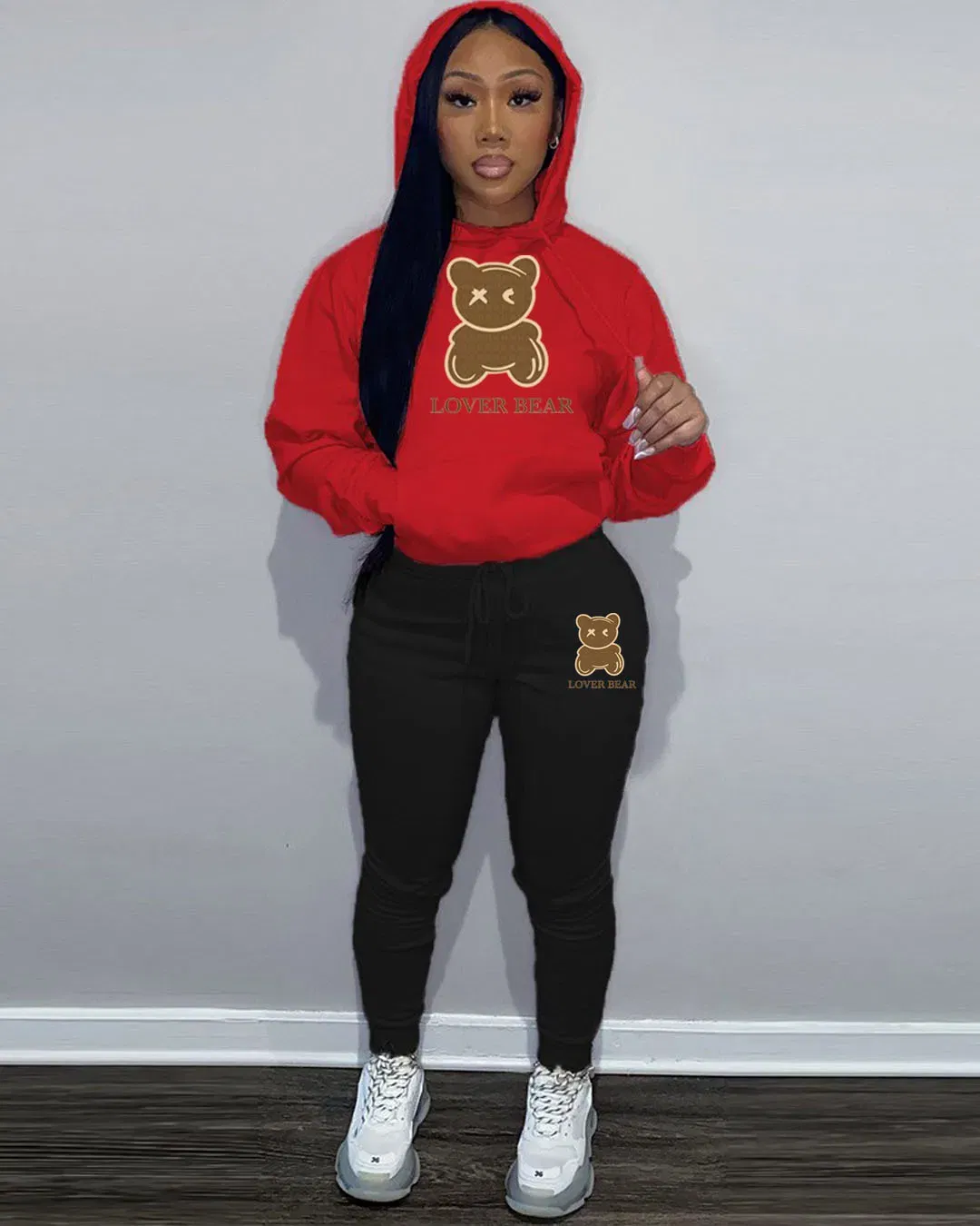 Color: Red, Size: M - 2 Piece Set Women Outfit Letter Bear Print Hooded Neck Hoodies Sweatshirt Pants Tracksuit 2024 Plus Size Streetwear Casual Suit