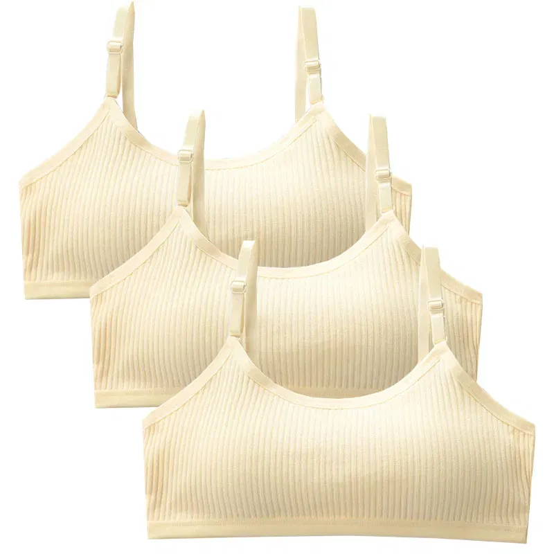 Color: SKY BLUE, Kid Size: 2T - 3pcs Cotton Children Innerwear Girls Bras Removable Sponge Cup Puberty Students Training Bras Breathable Teenage Girl Brassieres