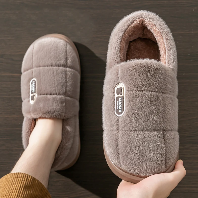 Color: WHITE, Shoe Size: 36-37 - Men's slippers Winter Solid Color Wrap Heels Plush Slippers Non-slip Warm Women Men Home Casual Cotton Shoes Big Size 50 51
