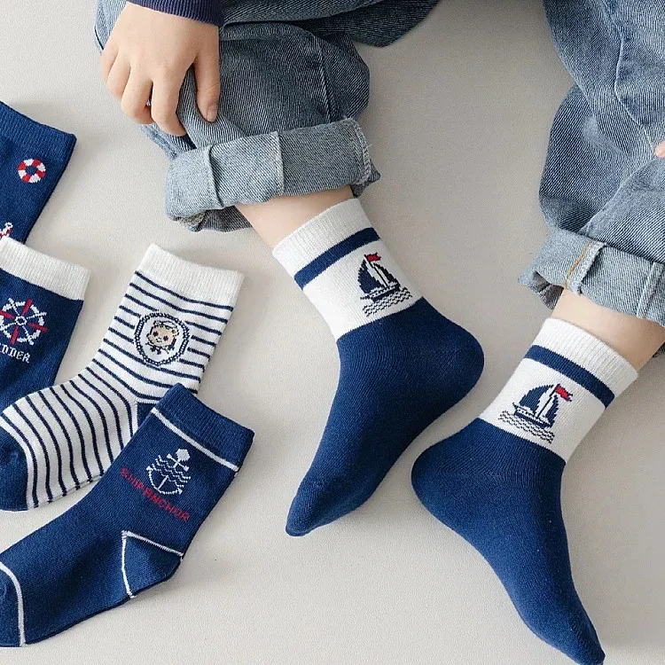 Color: SKY BLUE, Size: 4-6T - 1-14T Kids' Socks Spring Autumn Cotton Socks 5 Pairs/lot Soft Cotton Socks Calf Socks Little Big Boys Crew Sock