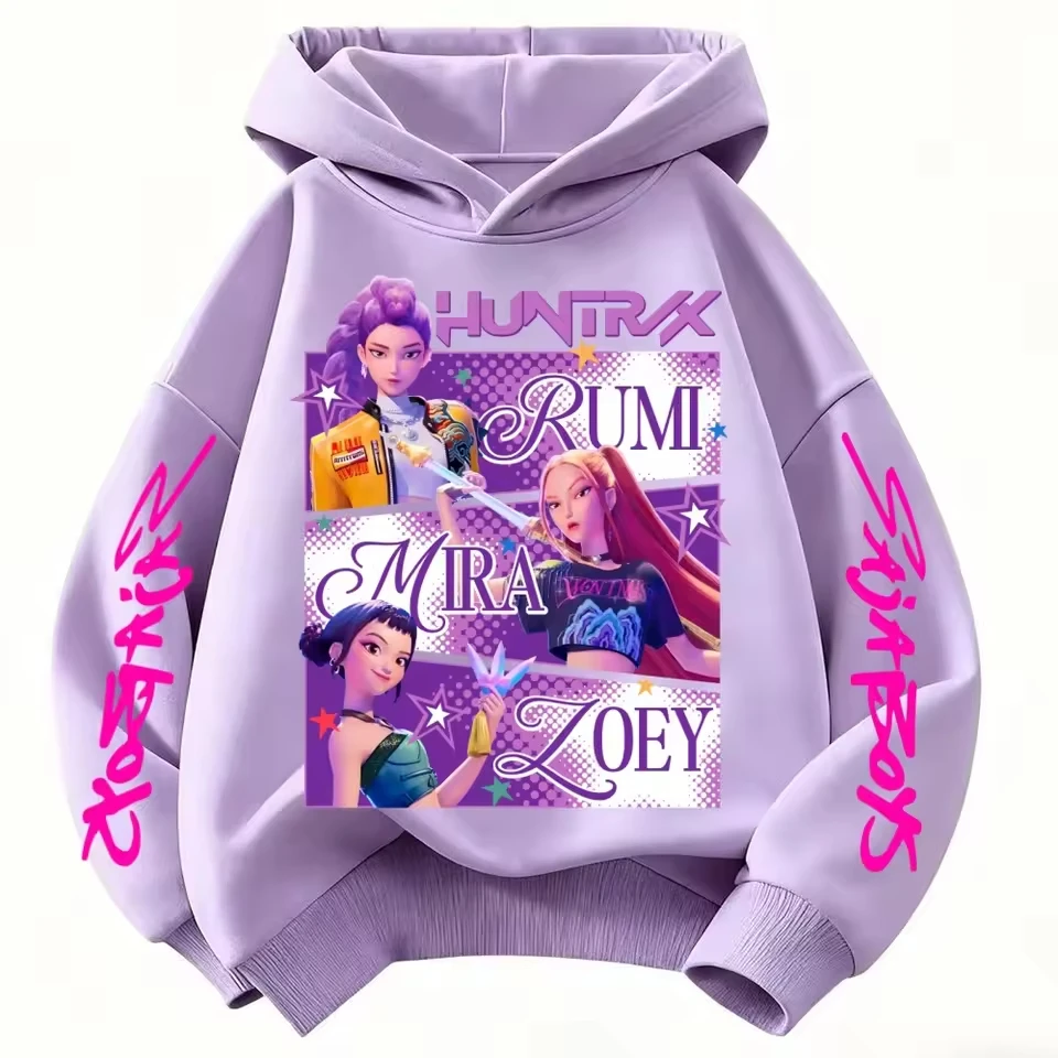Color: army green, Kid Size: 4T - Cartoon Hoodie for Boys and Girls KPop Demon Hunter Rumi Derpy Warm and Thick, Fashionable Casual Top, Printed Purple Sweatshirt