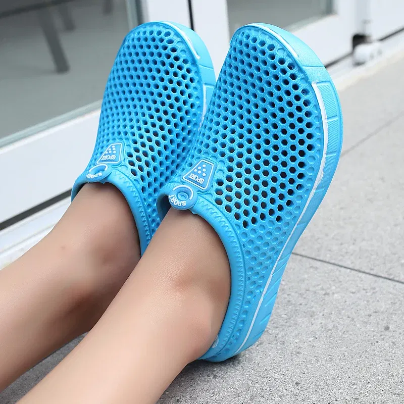 Color: SKY BLUE, Shoe Size: 41 - Men Slippers Beach Shoes Unisex Summer Hollow Outdoor Casual Men Beach Sandal Flip Flops Shoes Non-slip Size 36-45 Mens Slippers