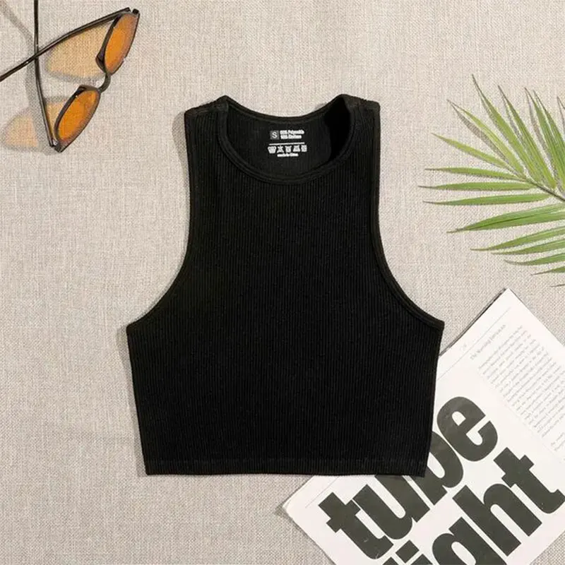 Size: M, Color: WHITE - Women's Yoga Vest Seamless Ribbed Knit Fitness Running Vest Sports Bra Vest Without Padding Women's Vest