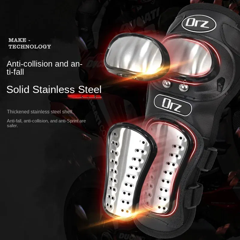 Color: Black - 4Pcs/Set Motorcycle Kneepad Stainless Steel Moto Elbow Knee Pads Motocross Racing Protective Gear Protector Guards Kit