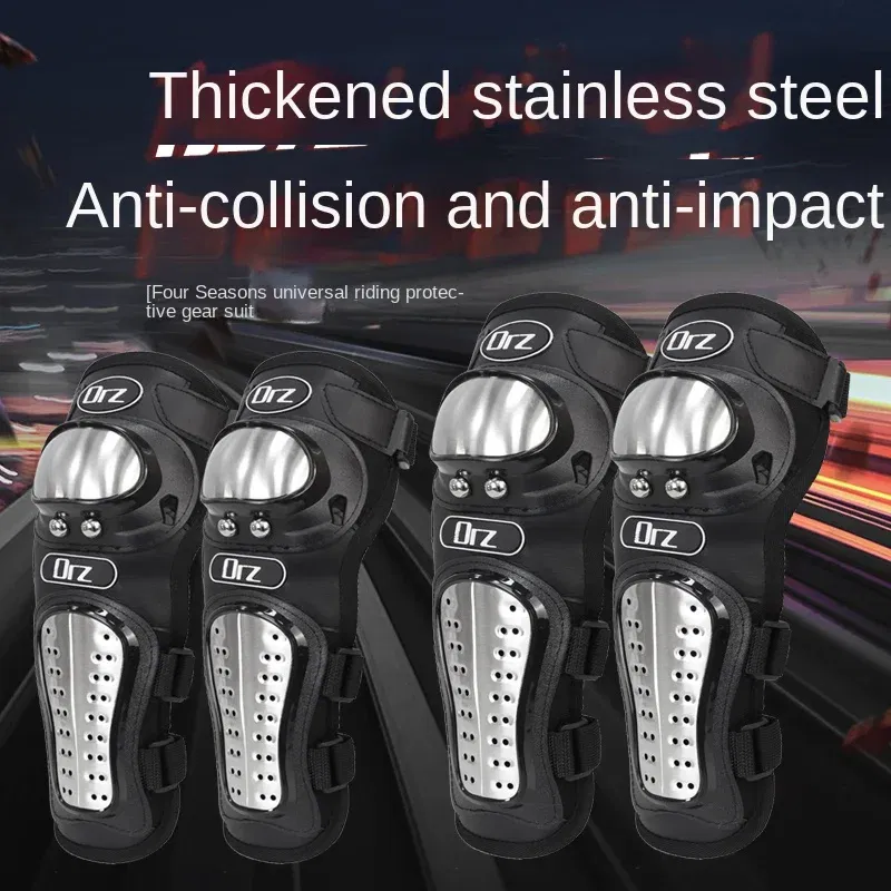 Color: Black - 4Pcs/Set Motorcycle Kneepad Stainless Steel Moto Elbow Knee Pads Motocross Racing Protective Gear Protector Guards Kit
