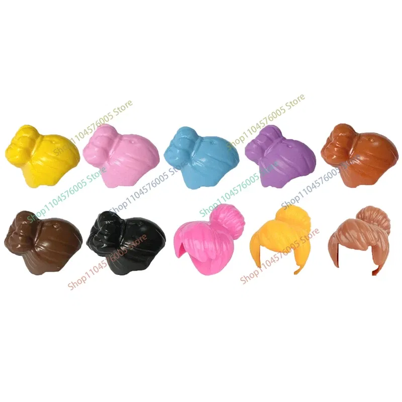 Color: Medium Azure - MOC Brown Hair Building Blocks City Figures Body Creative Accessory Blond Gold White Parts DIY Hats Mini Bricks Assemble Toy S04