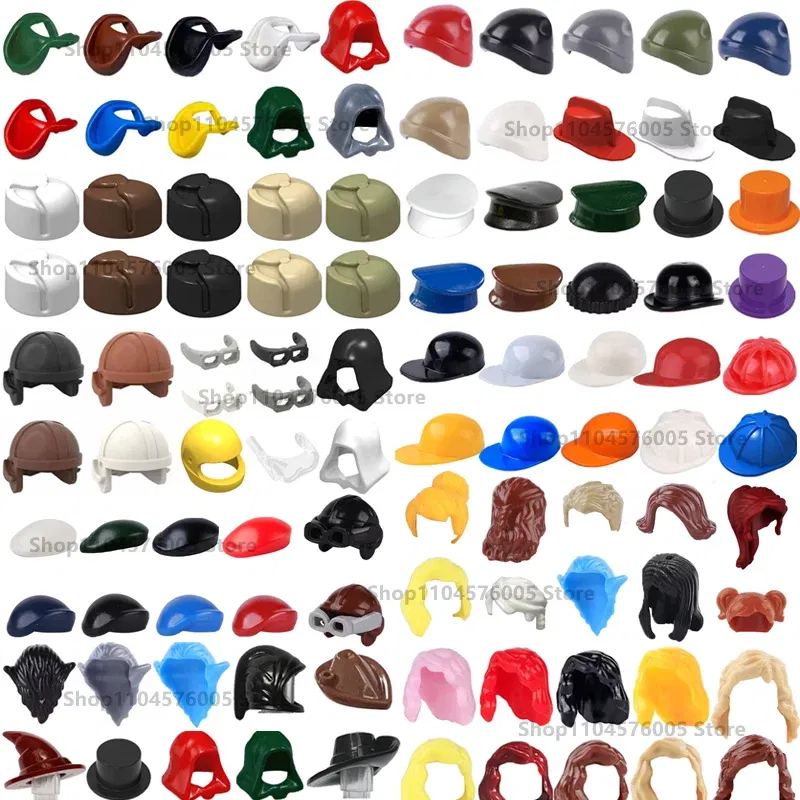 Color: Medium Azure - MOC Brown Hair Building Blocks City Figures Body Creative Accessory Blond Gold White Parts DIY Hats Mini Bricks Assemble Toy S04