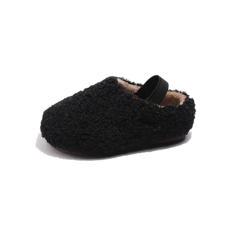 Color: black, Shoe Size: 27.5 - Teddy Fur Mule For Baby Kids Winter Warm Plush Slipper Toddler Child Casual Pull-on Fluffy Cotton Shoe with Back Elastic Strap