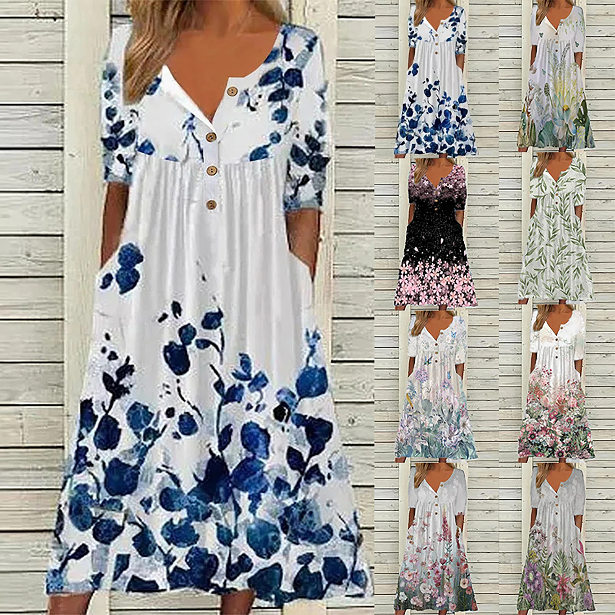 Color: Khaki, Size: 2XL - 2024 Europe and the United States spring new fashion printed V-neck button short sleeve plus size women's size women's pocket