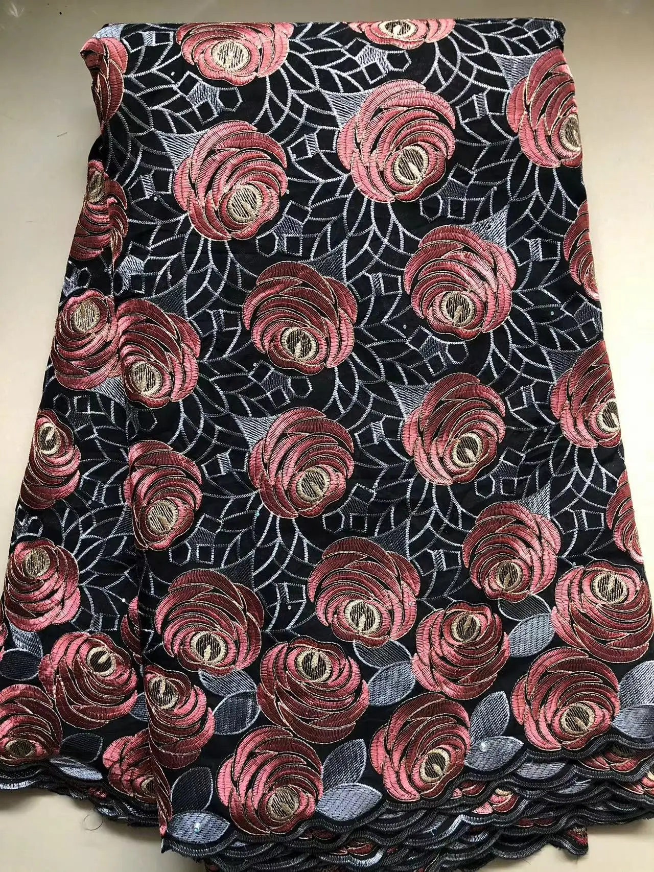 Color: Red, Length: 5 yards, Width: 120cm - Nigerian Cotton Voile Lace Fabrics With Stones 2024 African Swiss Voile Lace Fabric For Wedding Sewing Women Wedding Party Dress