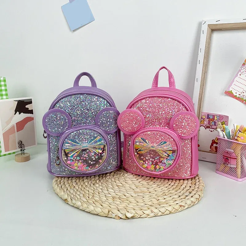 Color: Beige - New Cute Children's Bag Fashion Sequin Kindergarten Backpacks for Baby Girls Cartoon Casual Schoolbag Princess Bag Girls Gifts