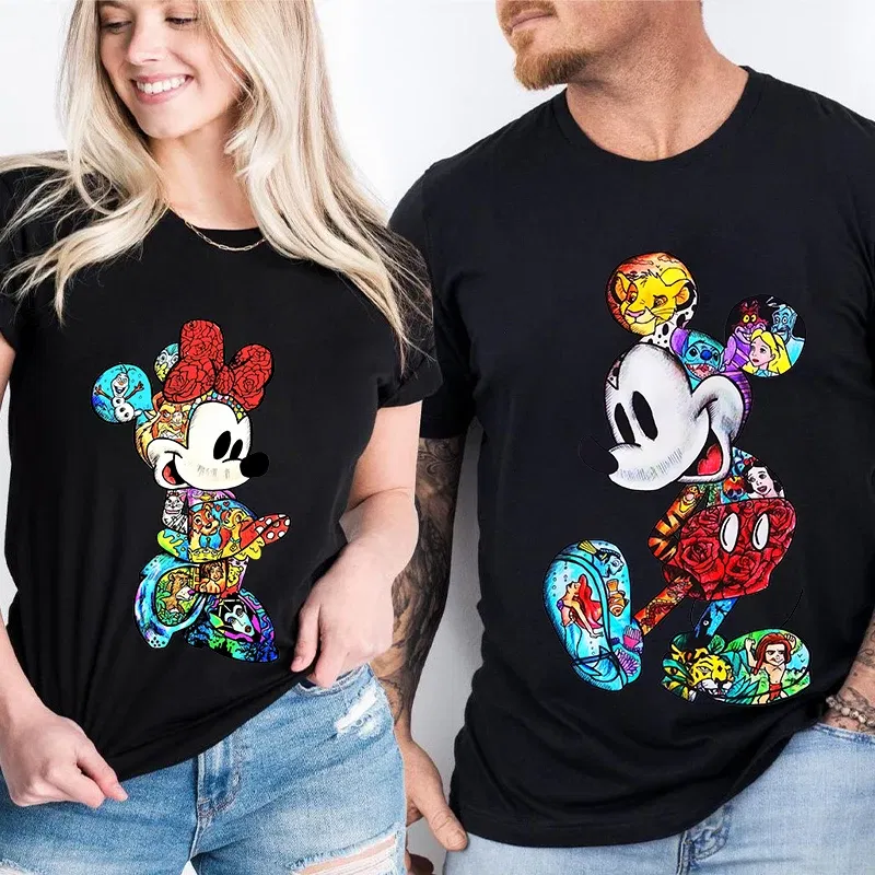 Color: SKY BLUE, Size: M - Disney Couples Mickey Mouse Minnie Print T-shirt Couples Men's and Women's Cotton Short Sleeve Casual Tops