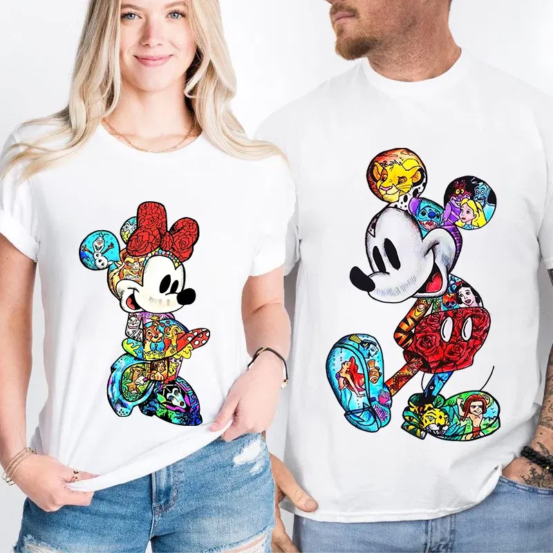 Color: SKY BLUE, Size: M - Disney Couples Mickey Mouse Minnie Print T-shirt Couples Men's and Women's Cotton Short Sleeve Casual Tops