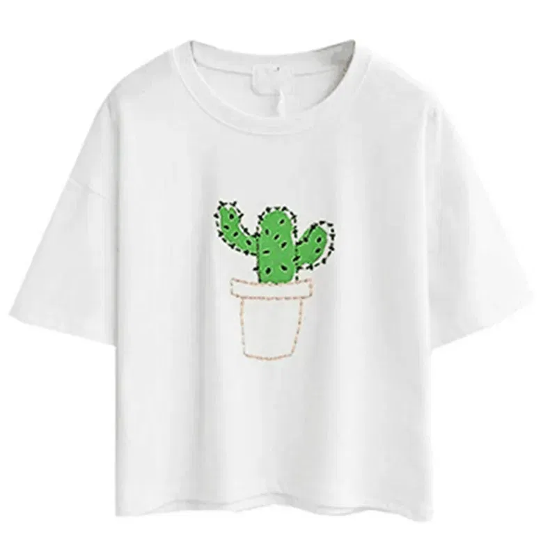 Color: Beige, Size: L, Ships From: CHINA - 2021 Summer Cotton Short Sleeved Crop Top T-shirt Femme Embroidered Cat T Shirts Cartoon Women Fashion Cactus Top Tee T Shirt