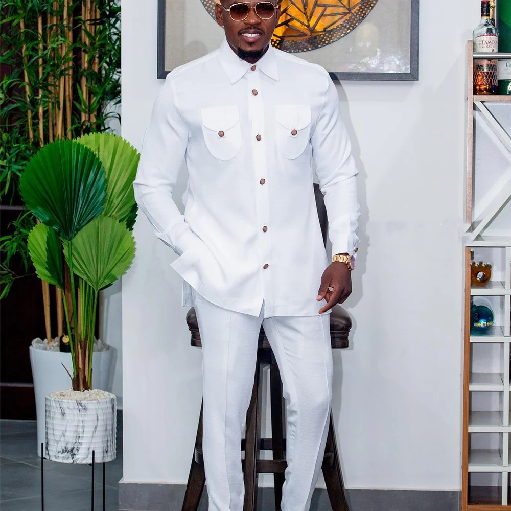 Color: Gold, Size: M - 2025 New men's suit, white pocket, 2-piece set, luxury wedding casual suit, traditional African style of ethnic minorities