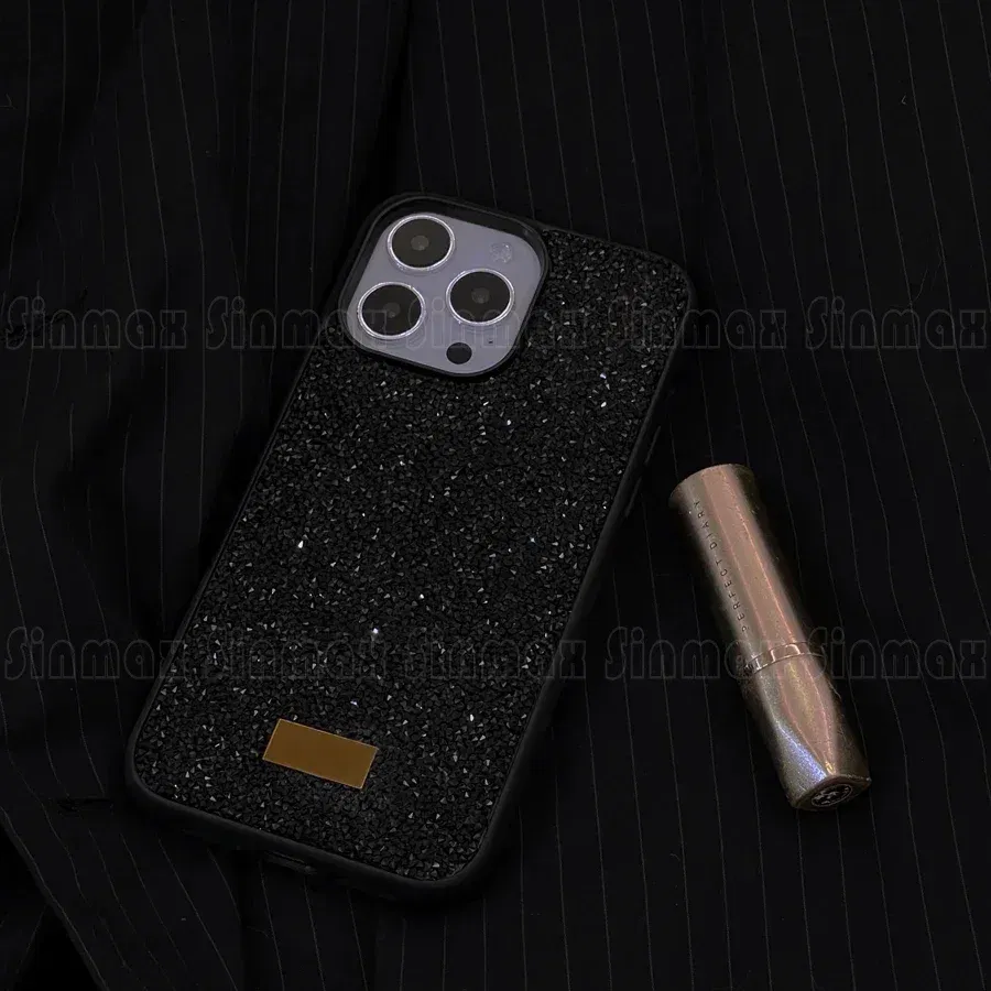 Color: black, Material: aluminum - Luxury Glitter Designed Shell For iPhone 16 15 Pro Max 14 13 12  Luxurious Bling Sparkling Rhinestone Diamond Jewels Cover Case