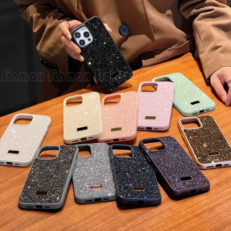 Color: black, Material: aluminum - Luxury Glitter Designed Shell For iPhone 16 15 Pro Max 14 13 12  Luxurious Bling Sparkling Rhinestone Diamond Jewels Cover Case