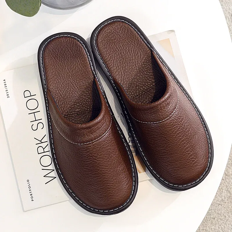 Color: SKY BLUE, Shoe Size: 4.5 - Mens Bedroom Leather Slippers Unisex Black Home Shoes Big Size 47 48 Man's Slippers Indoor Comfy Males Slides Family Flats Shoes