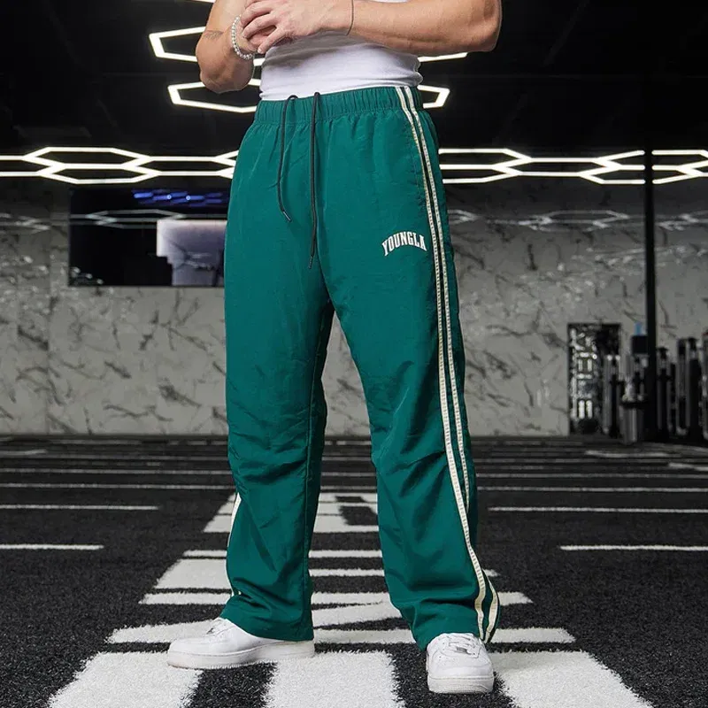 Color: Beige, Size: L - Jogger Men's Sweatpants Gym Sports Fitness Splicing Strips Printing Mid Waist Casual Pants Ya Fashion Men Clothing Wide Leg Pan