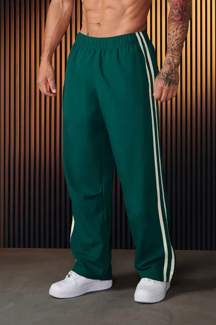 Color: Beige, Size: L - Jogger Men's Sweatpants Gym Sports Fitness Splicing Strips Printing Mid Waist Casual Pants Ya Fashion Men Clothing Wide Leg Pan