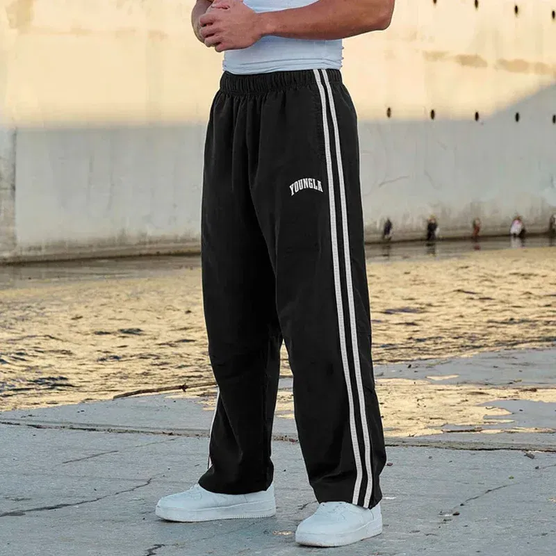 Color: Beige, Size: L - Jogger Men's Sweatpants Gym Sports Fitness Splicing Strips Printing Mid Waist Casual Pants Ya Fashion Men Clothing Wide Leg Pan