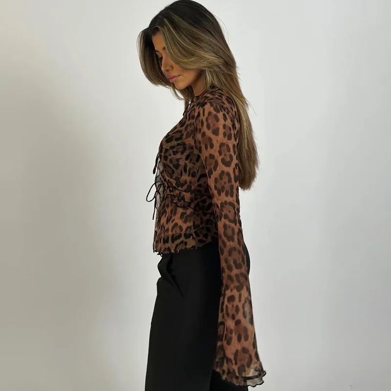 Color: Brown, Size: M - Women Sexy Leopard Mesh Chiffon Tops Deep V Neck Lace Flare Sleeve Blouses Elegant Loose Print Slim Fit T-shirt Female Y2K Tops