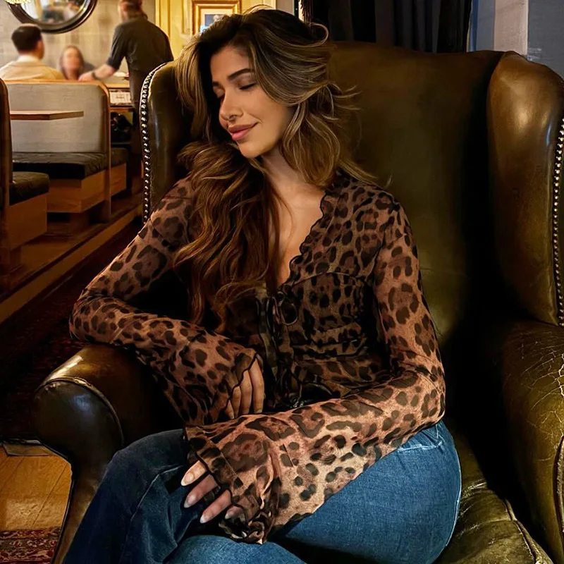Color: Brown, Size: M - Women Sexy Leopard Mesh Chiffon Tops Deep V Neck Lace Flare Sleeve Blouses Elegant Loose Print Slim Fit T-shirt Female Y2K Tops