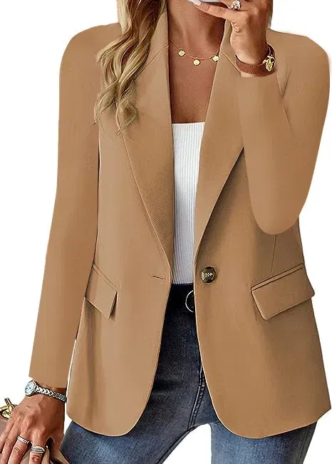 Color: Khaki, Size: XL - Womens Spring Winter Down Full Long Sleeve Coat Autumn Blazer Button Outwear Suit Cardigan Female