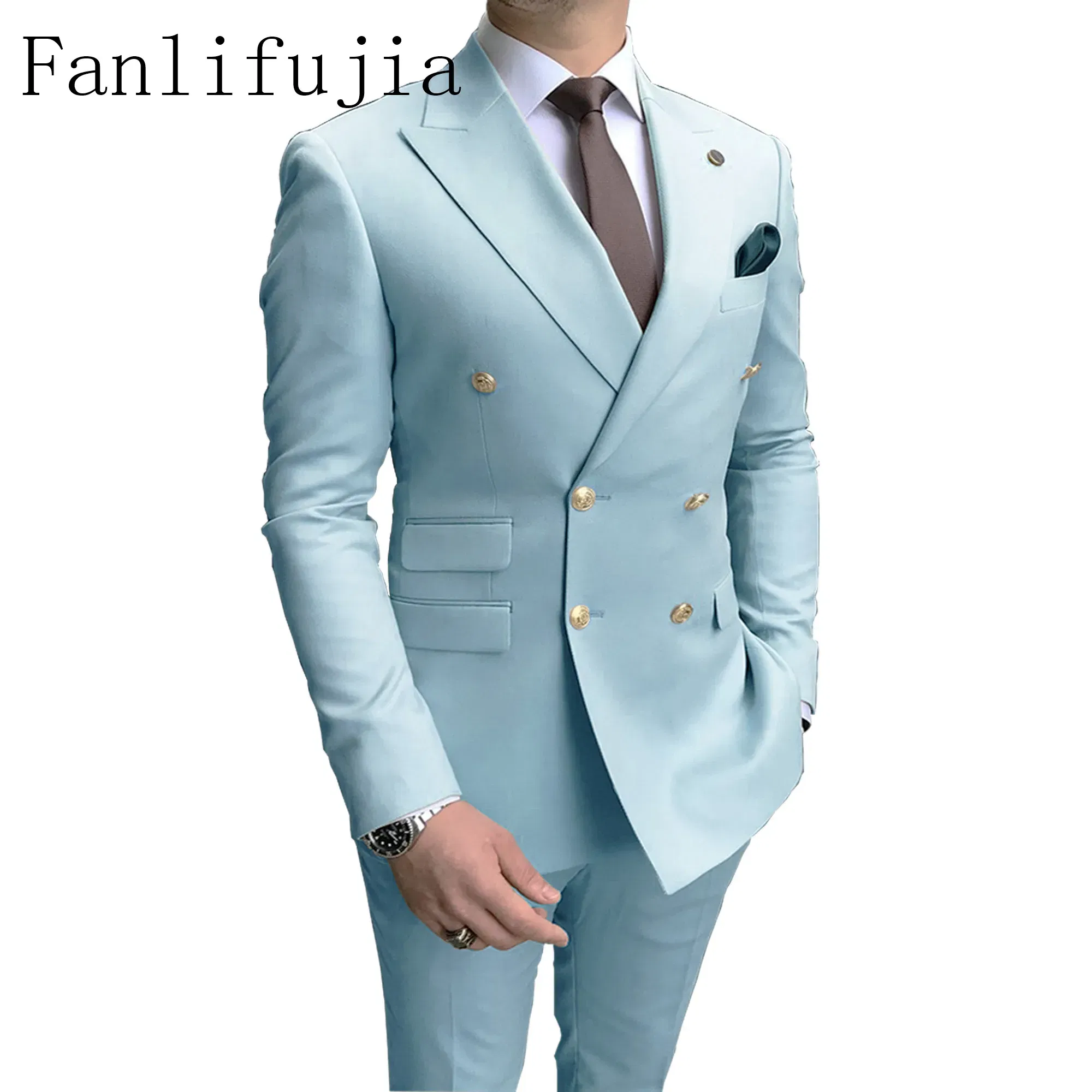Color: WHITE, Size: 4XL - Fanlifujia Store 2024 Casual Sky Blue Men Suits Double Brested Peak Lapel  Gold Button Groom Wedding Tuxedos Best Costume Homme