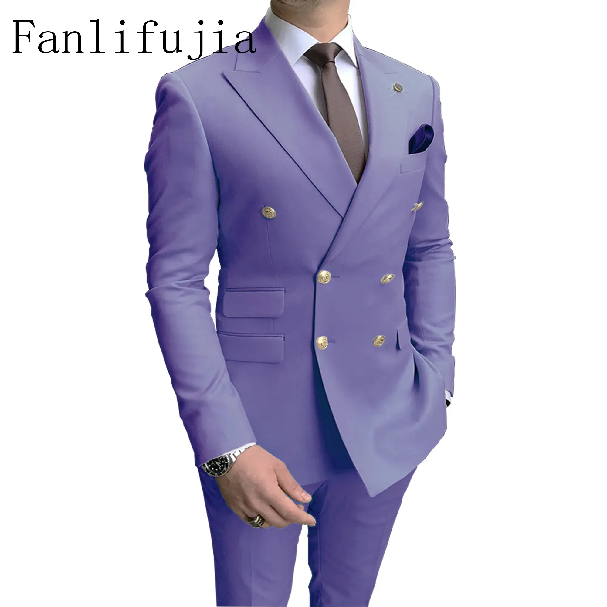 Color: WHITE, Size: 4XL - Fanlifujia Store 2024 Casual Sky Blue Men Suits Double Brested Peak Lapel  Gold Button Groom Wedding Tuxedos Best Costume Homme