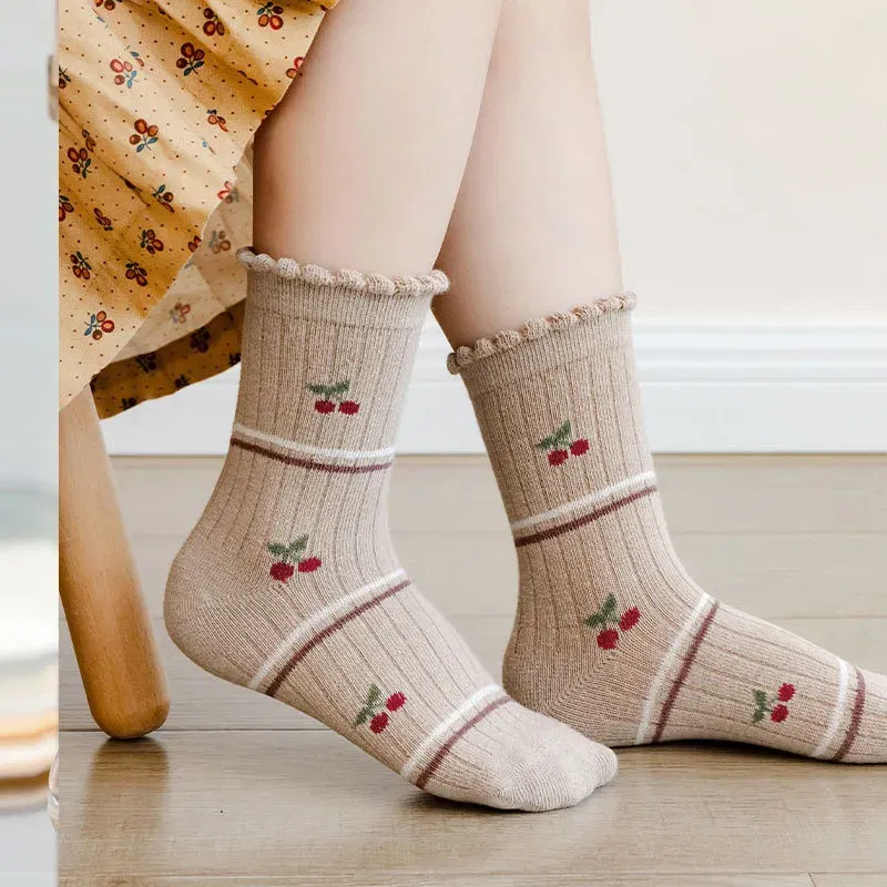 Color: Beige, Size: 4-6T - Autumn Winter Children's Socks Cute Coffee Bear Cartoon Cotton Socks Baby Girls 5 Pairs Mid Calf Socks