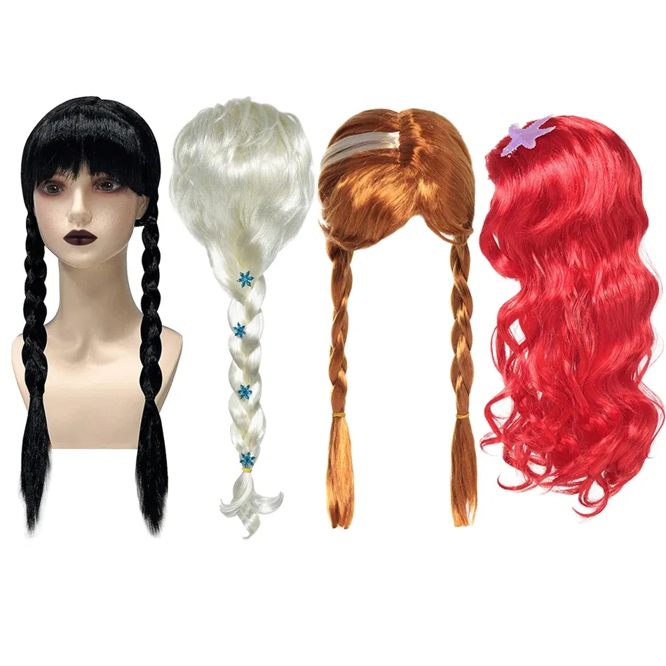Color: GRAY - Children Wigs Princess Girls Elsa Anna Cosplay Accessories Kids Halloween Barbi Wigs