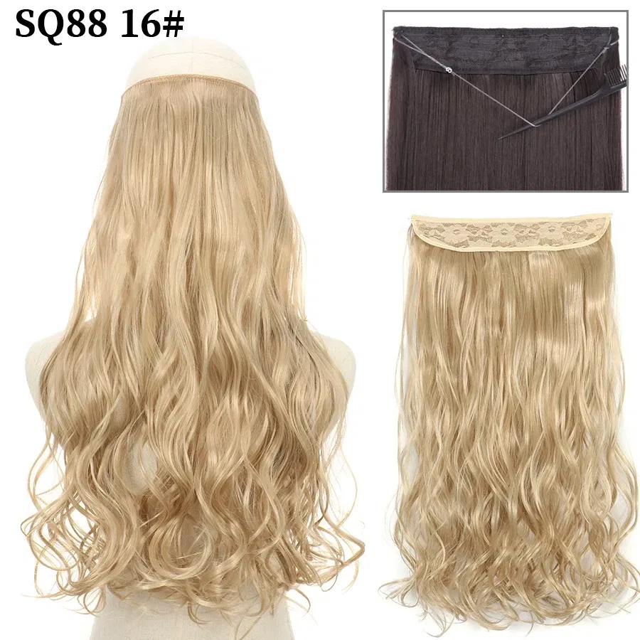 Color: P1B/30, Stretched Length: 22inches, Ships From: CHINA - Synthetic Natural Wavy No Clip Fish Line Invisible Hair Extensions Mixed Color Blonde Black Artificial False Hair Piece ForWomen