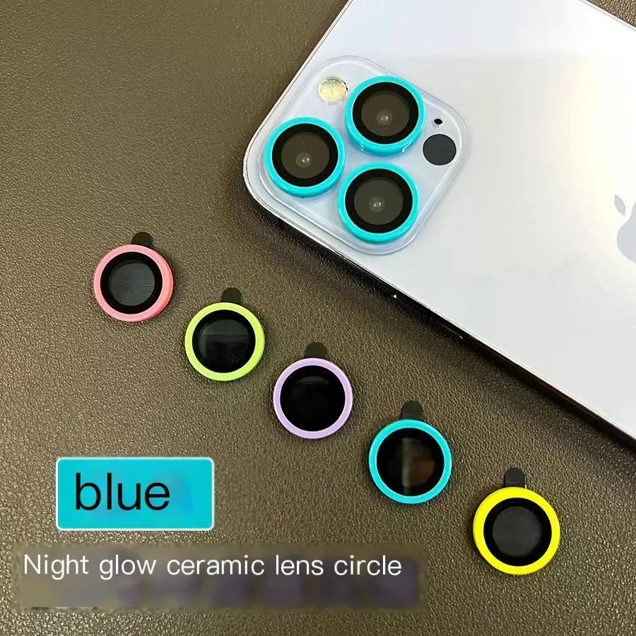 Color: Blue, Bundle: Bundle10, Material: Tempered Glass, Ships From: CHINA - For iPhone 15 14 13 12 Pro Max 12 11 mini Luminous Camera Protector Ceramic Lens Ring Tempered Glass Back lens Cap Cover