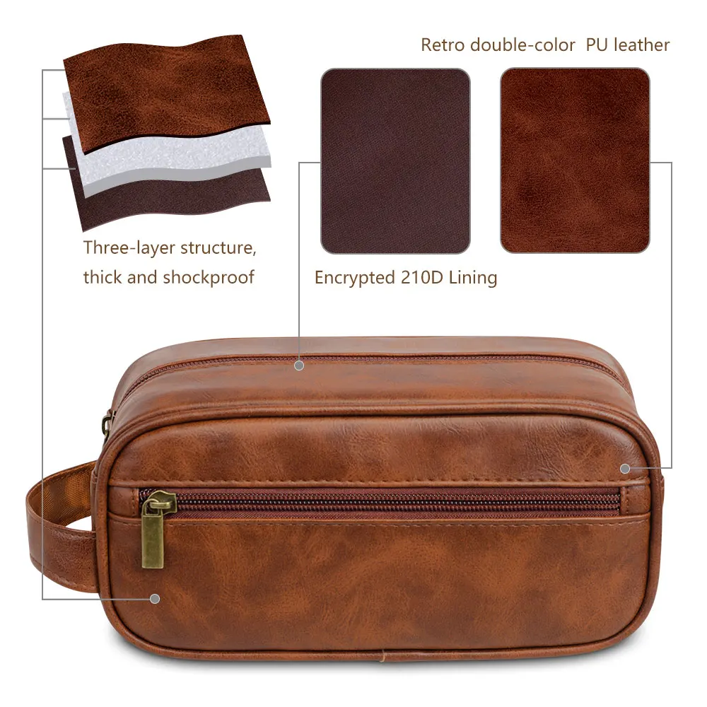 Color: Blue - Men Leather Wash Bag Travel Business Trips Portable Cosmetic Bag Large Capacity Multi Pocket Design Handheld Leather Wash Bag