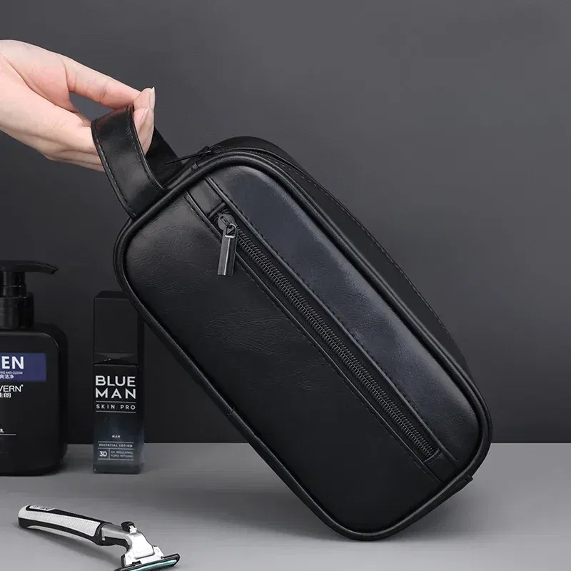 Color: Blue - Men Leather Wash Bag Travel Business Trips Portable Cosmetic Bag Large Capacity Multi Pocket Design Handheld Leather Wash Bag