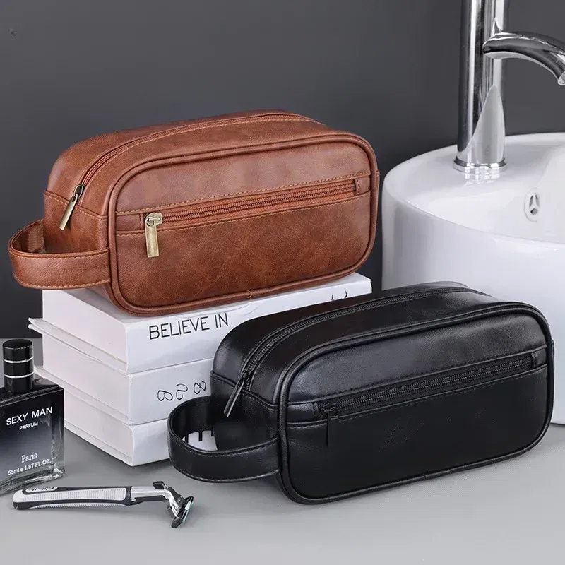 Color: Blue - Men Leather Wash Bag Travel Business Trips Portable Cosmetic Bag Large Capacity Multi Pocket Design Handheld Leather Wash Bag