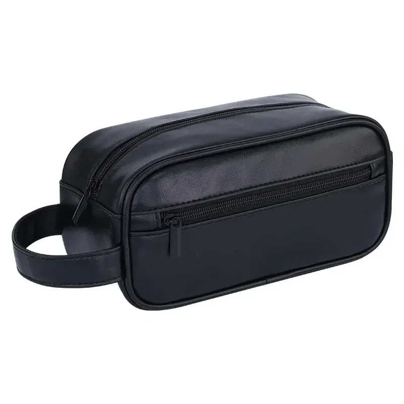 Color: Blue - Men Leather Wash Bag Travel Business Trips Portable Cosmetic Bag Large Capacity Multi Pocket Design Handheld Leather Wash Bag