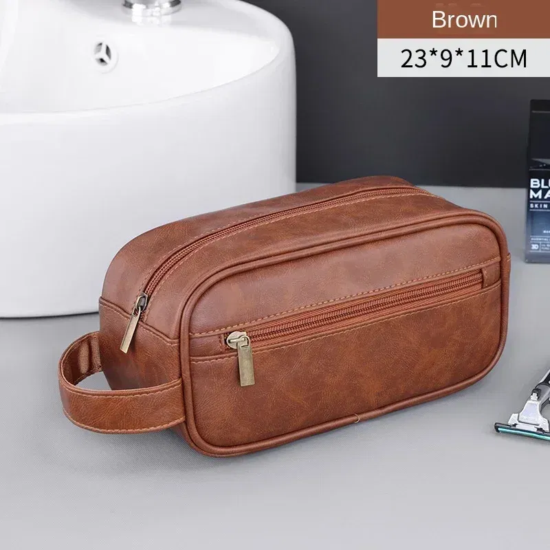 Color: Blue - Men Leather Wash Bag Travel Business Trips Portable Cosmetic Bag Large Capacity Multi Pocket Design Handheld Leather Wash Bag