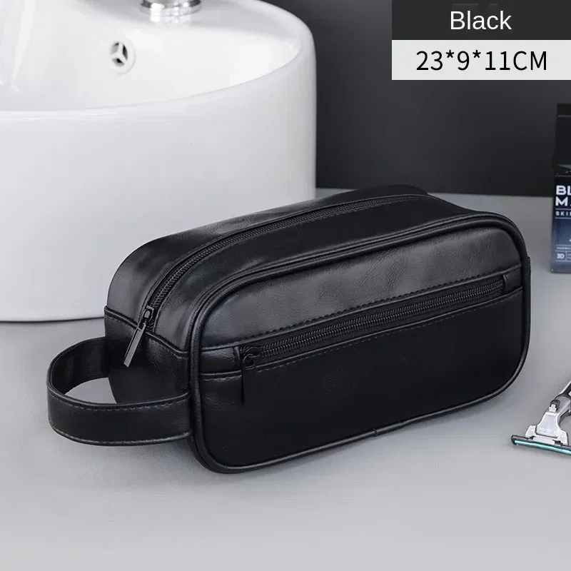 Color: Blue - Men Leather Wash Bag Travel Business Trips Portable Cosmetic Bag Large Capacity Multi Pocket Design Handheld Leather Wash Bag