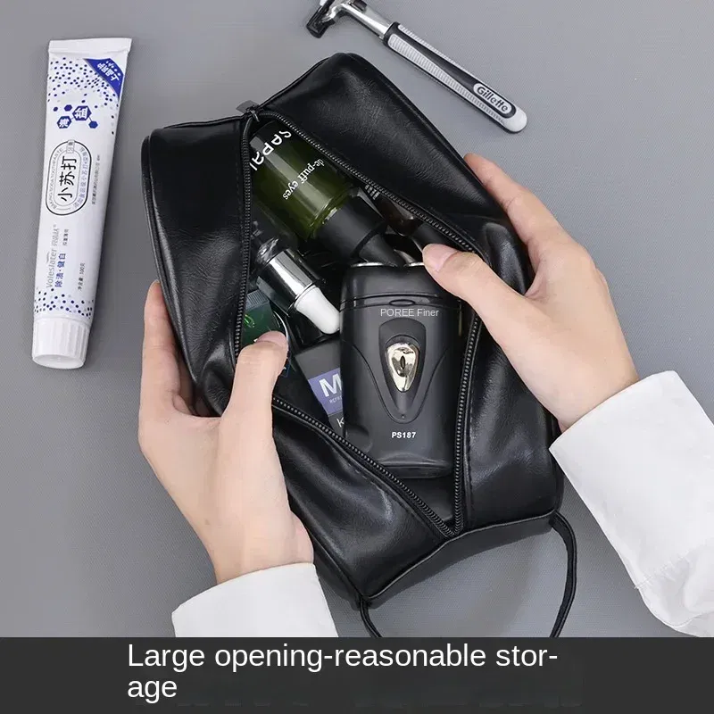Color: Blue - Men Leather Wash Bag Travel Business Trips Portable Cosmetic Bag Large Capacity Multi Pocket Design Handheld Leather Wash Bag