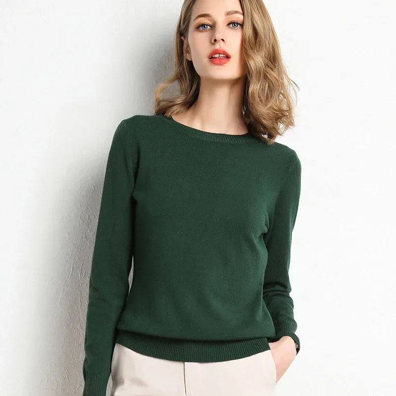 Color: Ginger Yellow, Size: M - Women Slim O-Neck Solid Pullover Cashmere Wool Blending Sweater Autumn And Winter Long-Sleeved Knit Bottoming Shirt Large Size