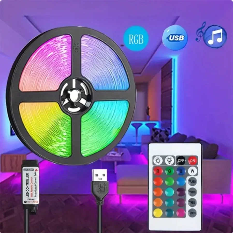 Emitting Color: RGB, Length: 5m - 5V USB LED Lights Strips RGB SMD5050 Christmas Festoon 24Key Remote Control Backlight Flexible Lamp Tape Gaming Room Decoration