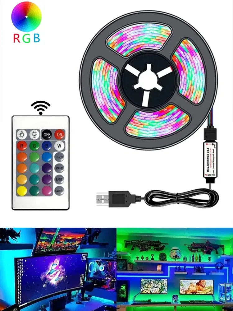 Emitting Color: RGB, Length: 5m - 5V USB LED Lights Strips RGB SMD5050 Christmas Festoon 24Key Remote Control Backlight Flexible Lamp Tape Gaming Room Decoration