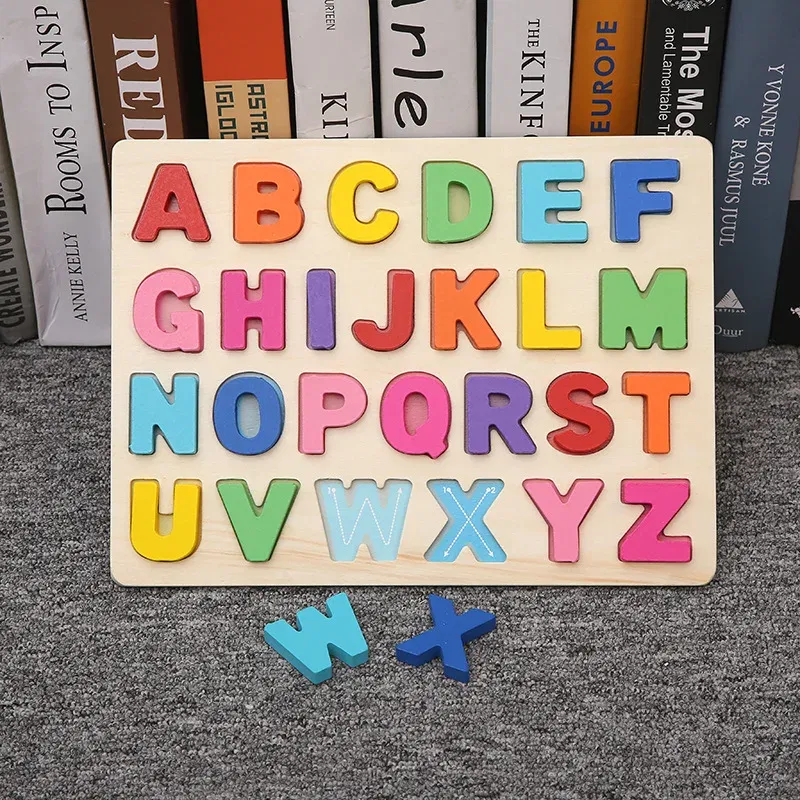Color: Watermelon red - Baby Wooden Puzzles Montessori Toys 1 2 Years Toddler Toys Hand Grab Board Alphabet Number Cognition Learning Educational Toys