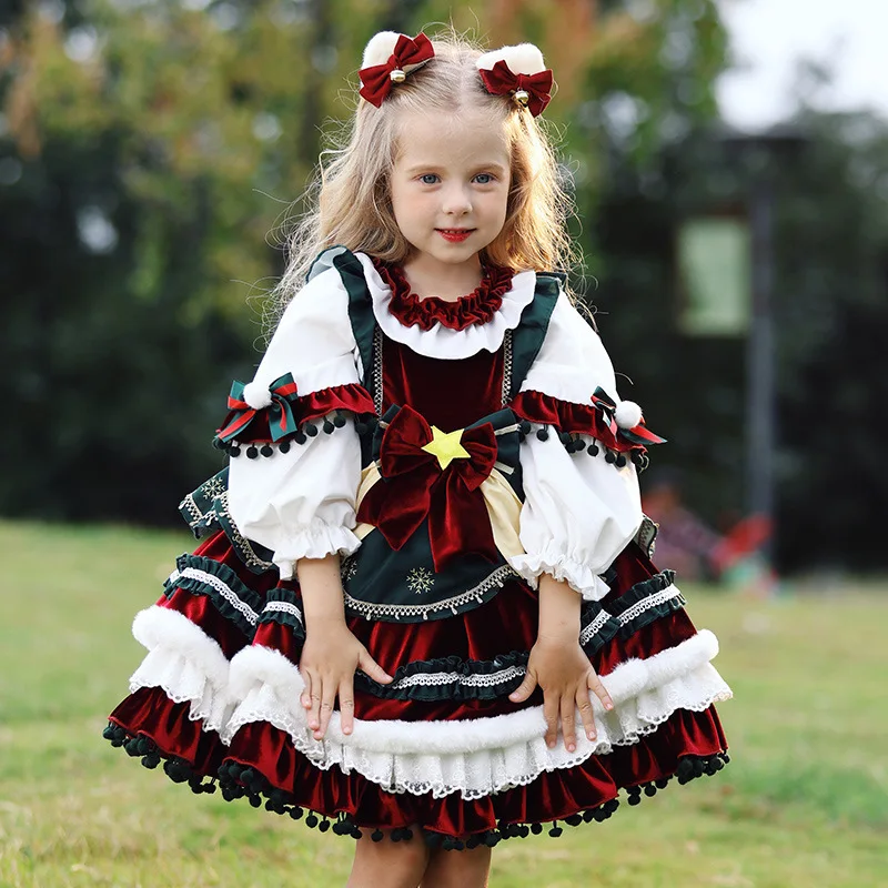 Color: Brown, Kid Size: 4T - New Autumn Winter High-End Baby Girls Velvet Lolita Princess Ball Gown Children Cute Bow Design Birthday Party Dress y1058