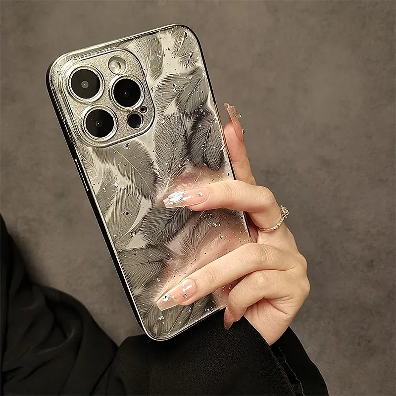 Color: Beige, Material: GENUINE LEATHER - Luxury Plating Feather Phone Cover For iPhone 12 Pro 14 13 11 15 Pro Max Hard Anti-drop Lens Protection Case For iPhone 15 Plus