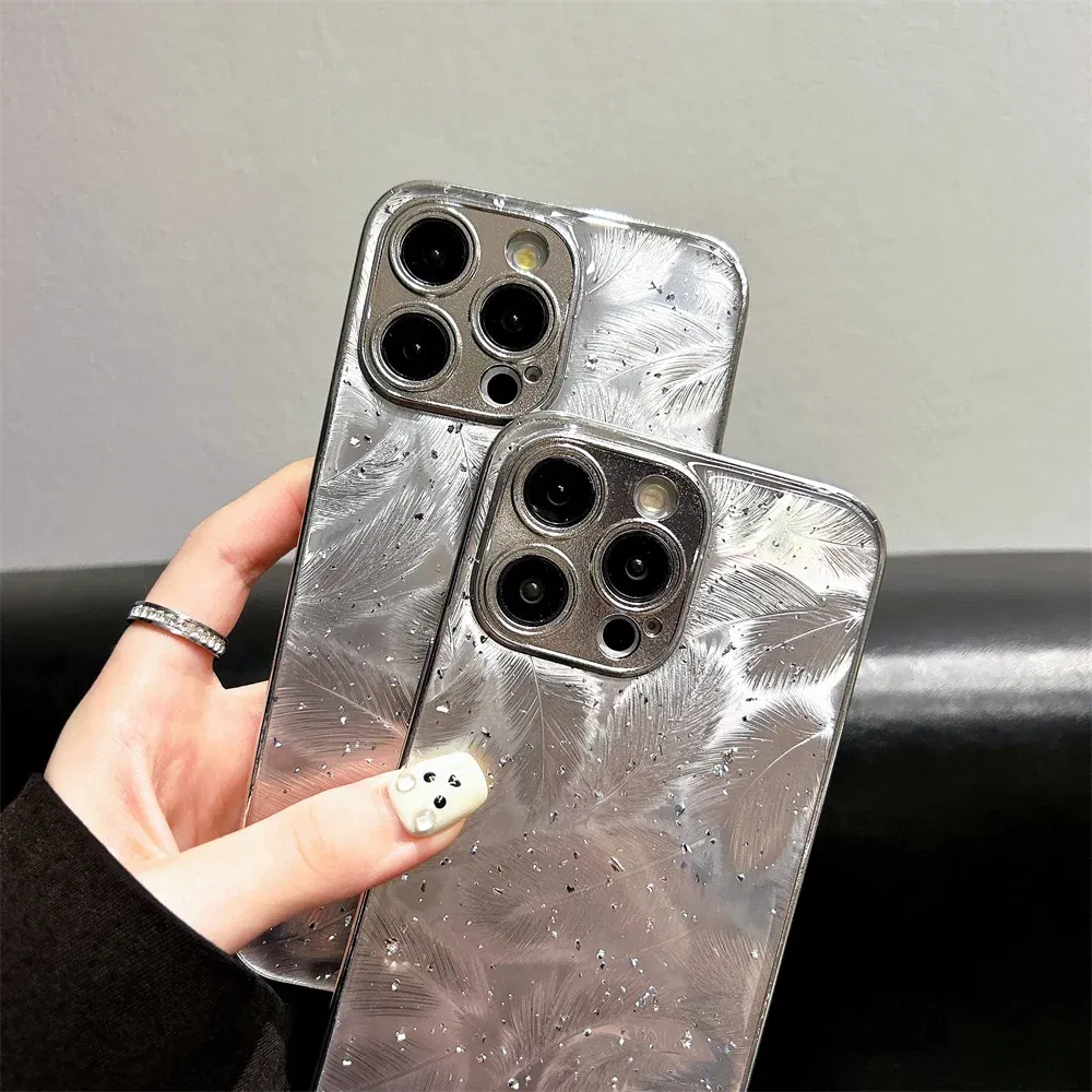 Color: Beige, Material: GENUINE LEATHER - Luxury Plating Feather Phone Cover For iPhone 12 Pro 14 13 11 15 Pro Max Hard Anti-drop Lens Protection Case For iPhone 15 Plus